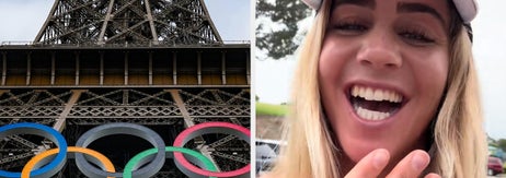 パリのエッフェル塔の前に五輪マークが設置されている。