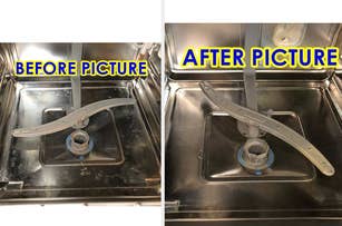 Side-by-side comparison of a dishwasher's interior before and after cleaning; the left side shows it dirty, and the right side shows it clean. Text: "BEFORE PICTURE" and "AFTER PICTURE."