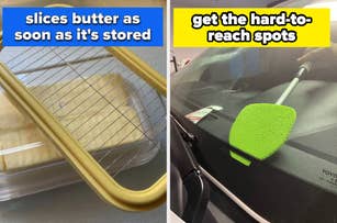 On the left, a butter slicer tool over a stick of butter. On the right, a cleaning tool with a green pad being used to clean the inside windshield of a car