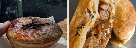 On the left, a hand holds a whole meat pie; on the right, a halved meat pie shows its savory filling