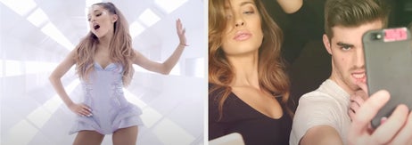 Ariana Grande is singing, wearing a futuristic silver outfit. On the right, a man is taking a selfie with a smartphone