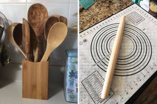 Wooden kitchen utensils in a holder on the left; a rolling pin on a mat for baking on the right