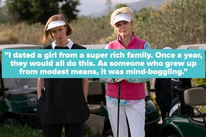 Jean Smart in a colorful golfing outfit holding a club, and Hannah Einbinder, dressed as a caddy, standing in front of golf carts. Both characters appear focused