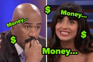 Steve Harvey and Jameela Jamil with dollar signs and the word "Money..." around them, indicating a discussion about money