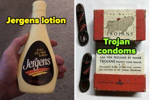 A hand holds a bottle of Jergens lotion next to old packaging of Trojan condoms in a split image