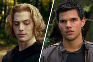 Jasper Hale from Twilight with medium-length wavy hair stands next to Jacob Black from Twilight with short spiky hair, both in outdoor scenes
