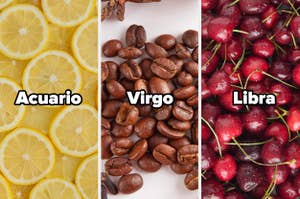 Rodajas de limón etiquetadas como Acuario, granos de café etiquetados como Virgo y cerezas frescas etiquetadas como Libra