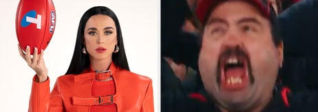 Megan Fox in a stylish red outfit holding a football; an enthusiastic fan in the crowd cheering in the background