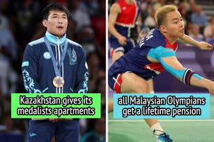 Left: A Kazakhstani athlete stands with a medal around his neck. Text reads: "Kazakhstan gives its medalists apartments." Right: A Malaysian athlete in action. Text reads: "All Malaysian Olympians get a lifetime pension."