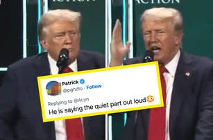 Donald Trump speaks at a podium during an event, making two different hand gestures in side-by-side images