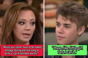 Leah Remini asks Justin Bieber, "Would you rather have to be naked onstage during one full song or drink a cup of blended worms?" Bieber replies, "I have, like, little girl fans. I can't..."