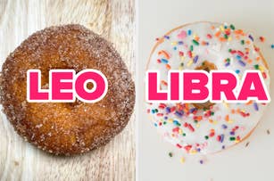 Two donuts side by side with text labels: "LEO" on a sugar-coated donut and "LIBRA" on a frosted donut with sprinkles