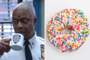 On the left, Captain Holt from Brooklyn Nine Nine holding a coffee cup to his lips, and on the right, a donut with strawberry frosting and sprinkles