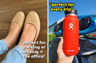 The image shows a pair of beige flats worn with jeans, text reads "perfect for packing or leaving at the office!" and a hand holding a Hydro Flask bottle in front of a car with kayaks, text reads "perfect for every trip"