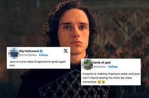 A still of Jace from House of the Dragon with overlaid tweets. One tweet says "Jace is tryna make Dragonstone great again smh" and another says "mysaria is making rhaenyra woke and jace can’t stand seeing his mom be class conscious ?"