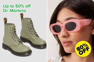Dr. Martens green leather lace-up boots next to a model wearing oversized pink sunglasses
