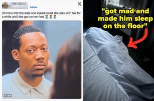 Split image. Left: Christopher, caption says "20 mins into the date she asked could she stay with me for a while until she got on her feet." Right: Unmade bed with caption "got mad and made him sleep on the floor."